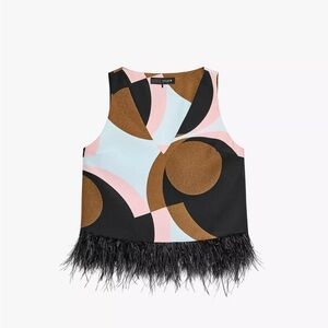 ZARA GEOMETRIC PRINT MINI FLARE PANTS & FEATHER HEM TOP SET